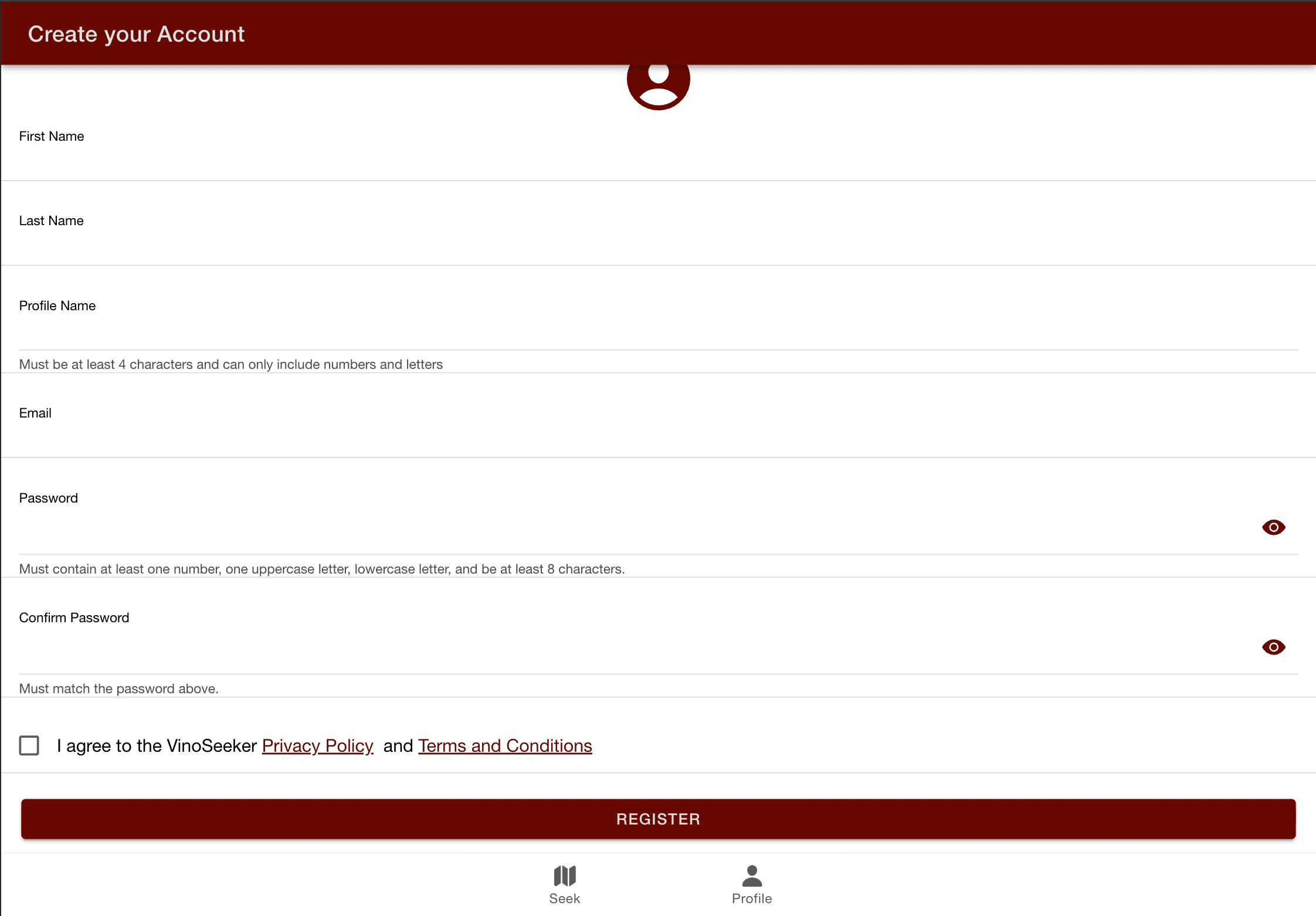 VinoSeeker Registration Page